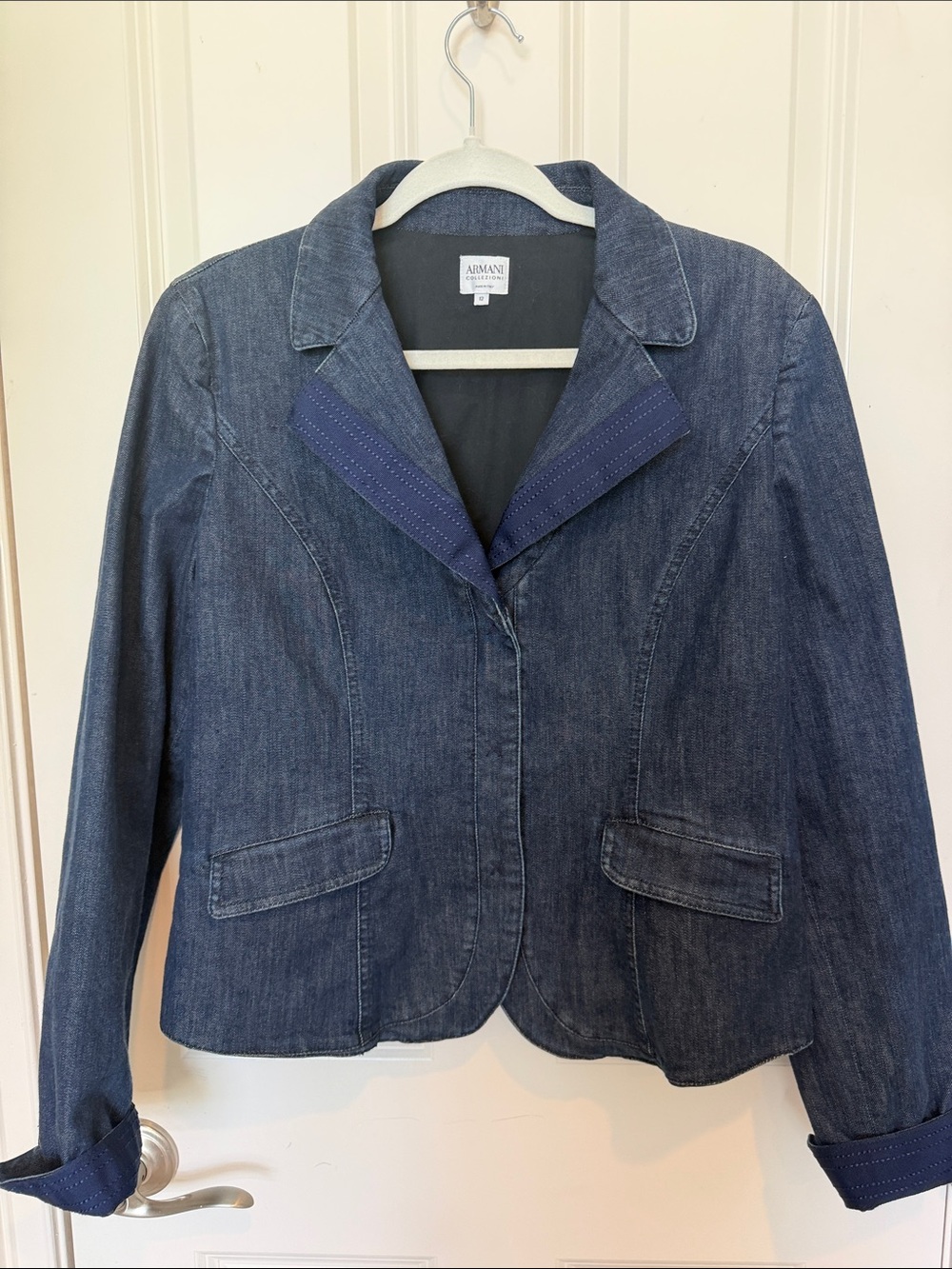 Armani Collezioni Denim Blazer Jacket Dark Wash Tailored Structured Lapel
